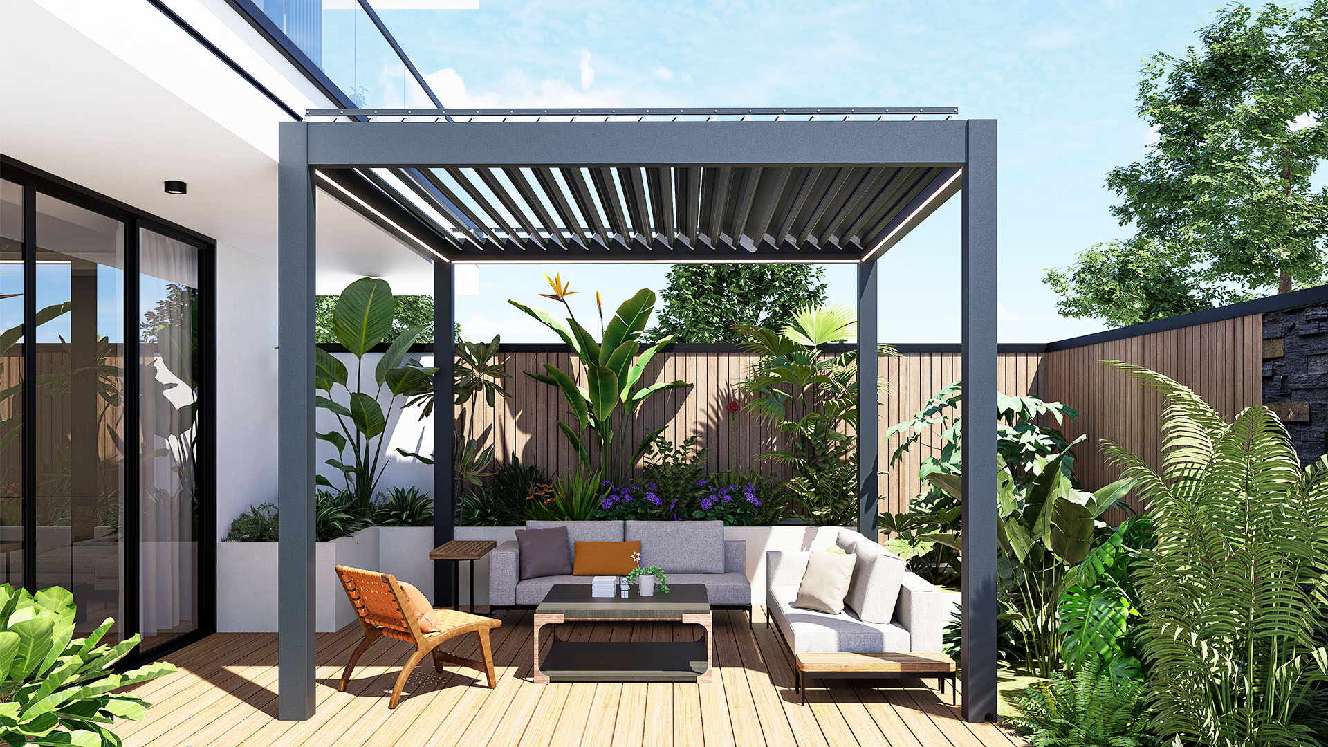 175 Series Aluminium Louvered Pergola, Electric Operated Flat Top Sun Shade Gazebo for Terrace Garden