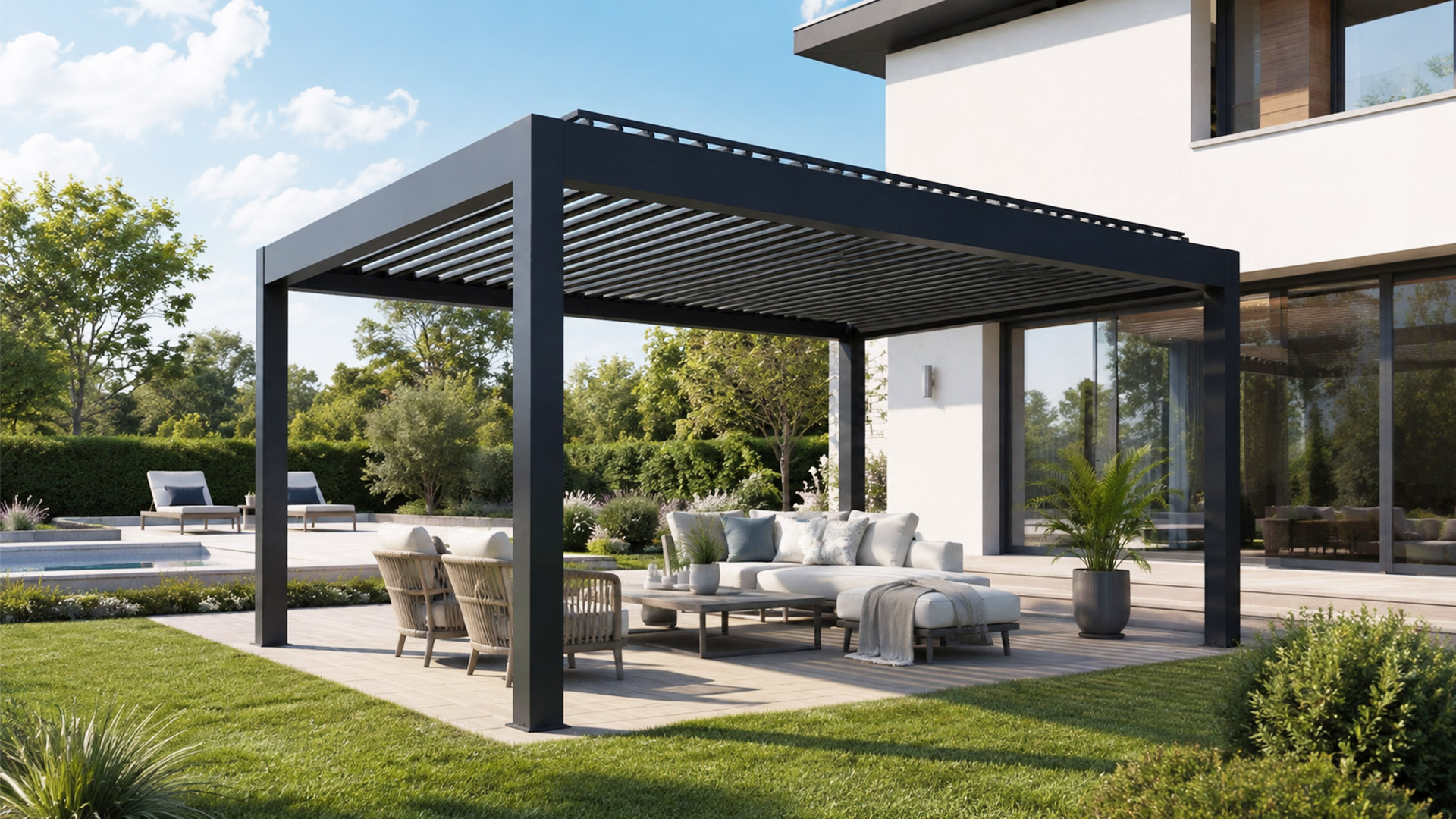 175 Series Aluminium Louvered Pergola, Electric Operated Flat Top Sun Shade Gazebo for Terrace Garden