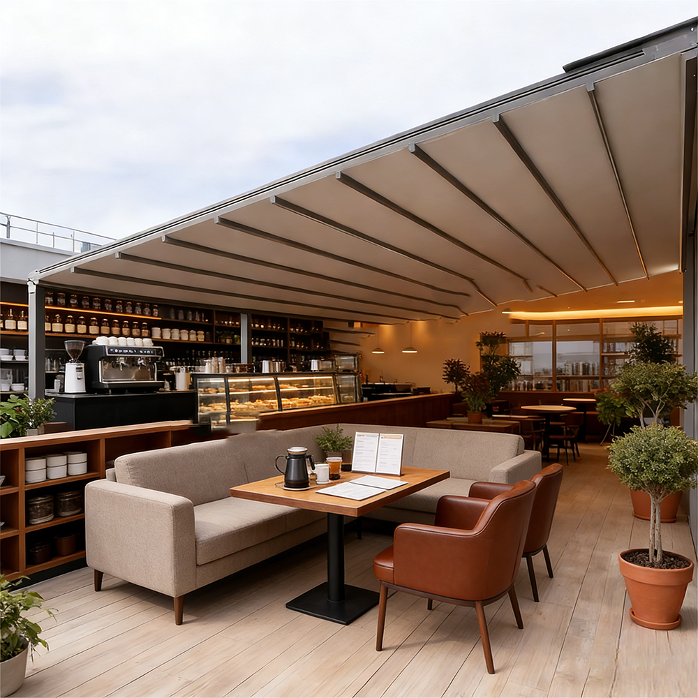 Outdoor Sunshade Retractable Awning With Motor Control and LED Lights Aluminum Folding Arm Awning Fu